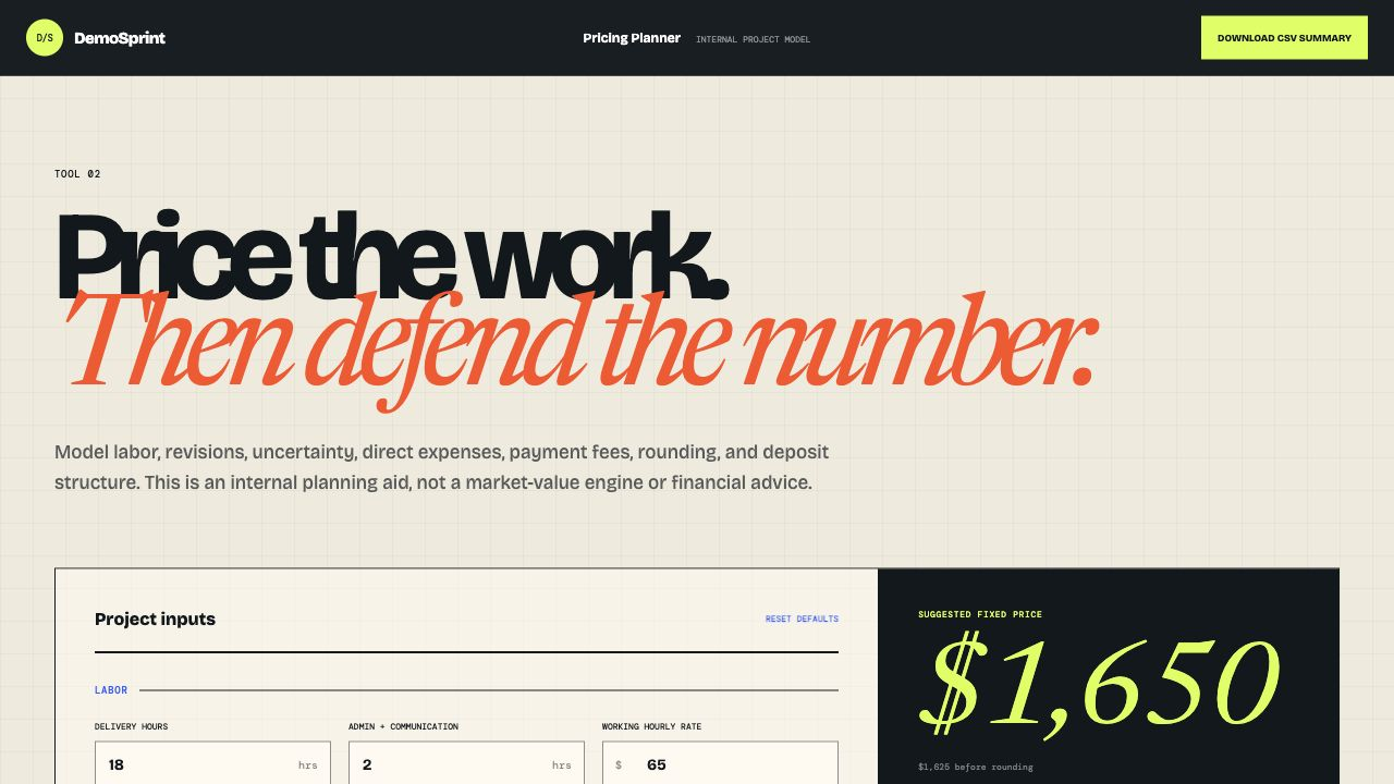 DemoSprint Pricing Planner showing cost, risk, and deposit controls