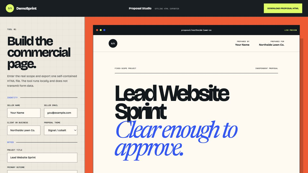 DemoSprint Proposal Studio with editable scope and a live proposal preview